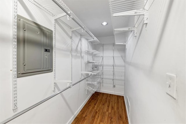 walk in closet with electric panel and hardwood / wood-style floors