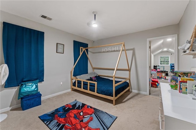 bedroom with visible vents, baseboards, and carpet floors