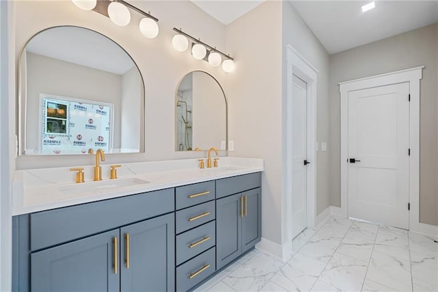 419 Crestmont Ln, Canton, GA 30114 - bathroom with marble look tiles, double vanity, and a shower