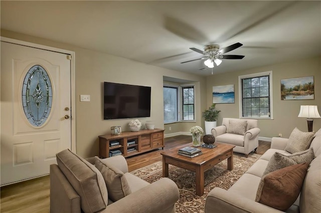 living room with wood-type flooring and ceiling fan