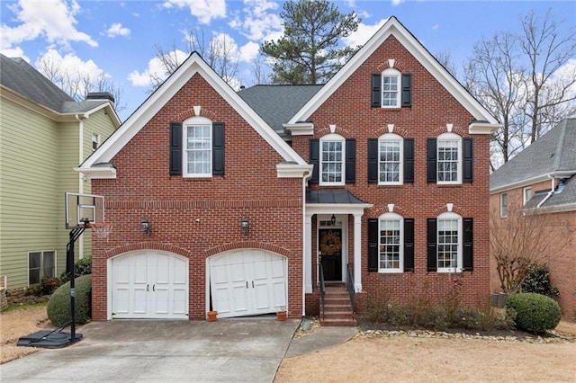 view of front of property with concrete driveway, brick siding, an attached garage, and a shingled roof