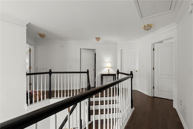 hallway featuring attic access, ornamental molding, an upstairs landing, wood finished floors, and baseboards