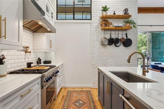 kitchen featuring light wood finished floors, light stone countertops, under cabinet range hood, appliances with stainless steel finishes, and a sink