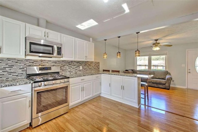 197 Dixboro Dr, Jonesboro, GA 30238 - kitchen with appliances with stainless steel finishes, decorative backsplash, light wood finished floors, open floor plan, and a ceiling fan