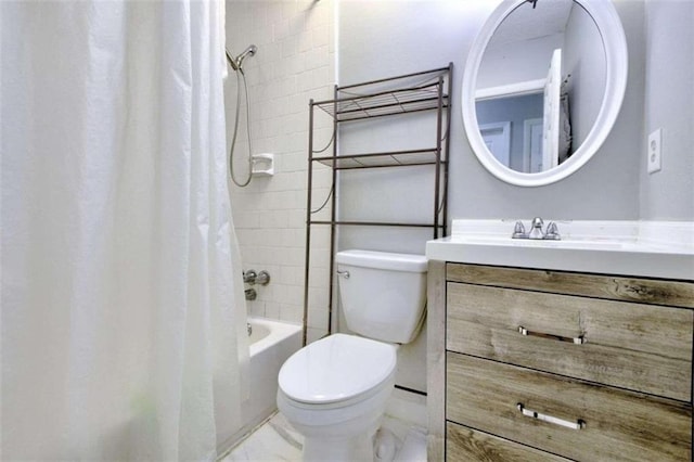 full bathroom with shower / bath combo, toilet, and vanity