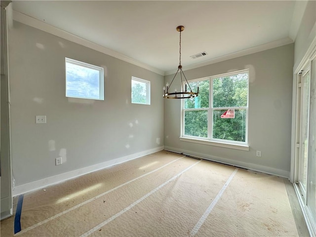 7040 Manchester Dr, Flowery Branch, GA 30542 - empty room with a chandelier, crown molding, baseboards, and light colored carpet