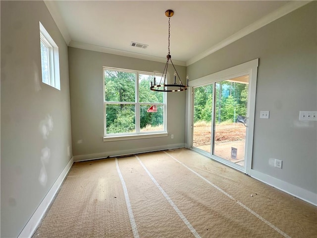 7040 Manchester Dr, Flowery Branch, GA 30542 - unfurnished dining area featuring a chandelier, plenty of natural light, baseboards, and crown molding