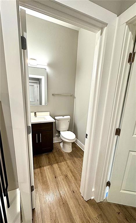 bathroom featuring vanity, wood-type flooring, and toilet