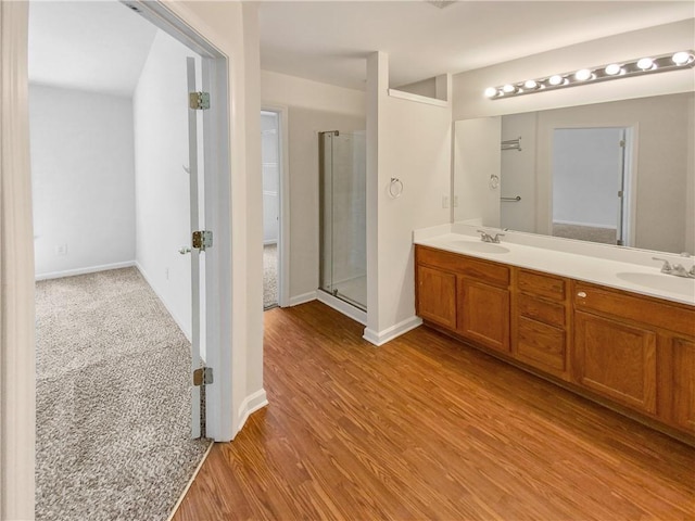 bathroom featuring vanity, a shower with shower door, and hardwood / wood-style flooring