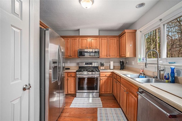 kitchen featuring light wood finished floors, light countertops, brown cabinets, appliances with stainless steel finishes, and a sink