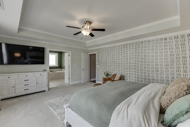 bedroom with a raised ceiling, ornamental molding, light carpet, and ceiling fan