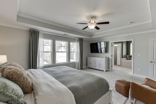 carpeted bedroom with a raised ceiling, crown molding, and ceiling fan