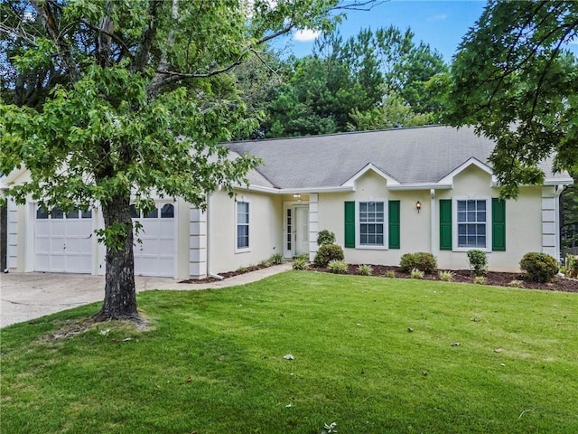 ranch-style house with a garage and a front yard