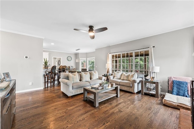 435 Ruby Forest Pkwy, Suwanee, GA 30024 - living area with ceiling fan, crown molding, dark wood-style floors, and baseboards