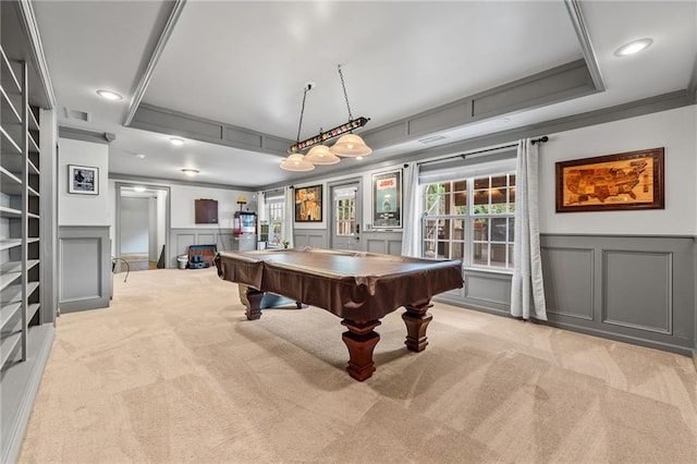 435 Ruby Forest Pkwy, Suwanee, GA 30024 - recreation room with a decorative wall, carpet flooring, pool table, a tray ceiling, and recessed lighting