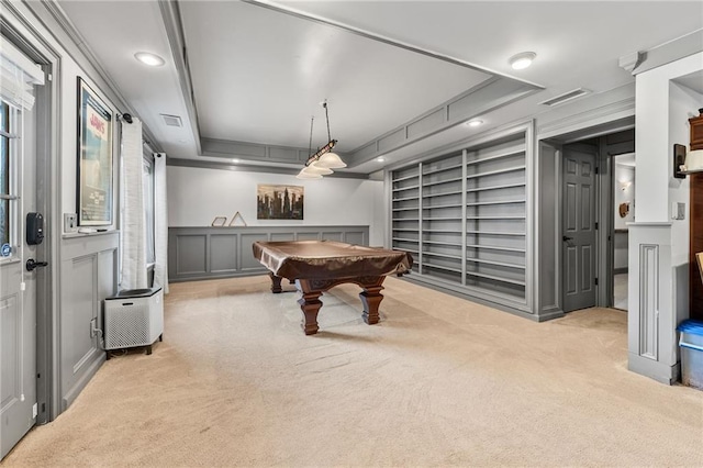 435 Ruby Forest Pkwy, Suwanee, GA 30024 - game room featuring light carpet, built in shelves, billiards table, a decorative wall, and a raised ceiling