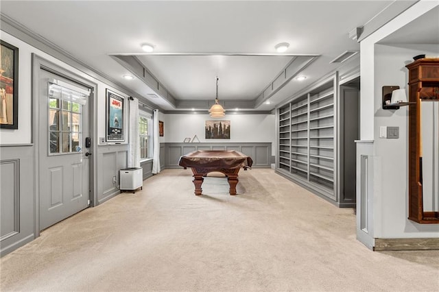 435 Ruby Forest Pkwy, Suwanee, GA 30024 - recreation room featuring light colored carpet, billiards table, built in shelves, a decorative wall, and a wainscoted wall