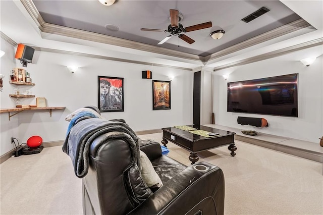 435 Ruby Forest Pkwy, Suwanee, GA 30024 - carpeted cinema room with a raised ceiling, ornamental molding, ceiling fan, and baseboards