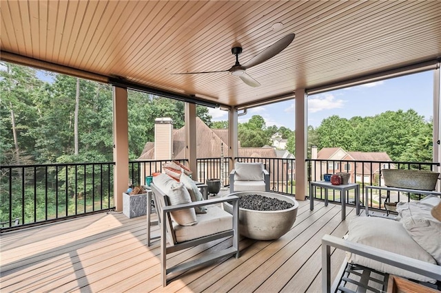 435 Ruby Forest Pkwy, Suwanee, GA 30024 - wooden deck featuring a ceiling fan, view of scattered trees, and an outdoor hangout area