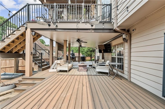 435 Ruby Forest Pkwy, Suwanee, GA 30024 - wooden deck featuring stairway, outdoor lounge area, and ceiling fan
