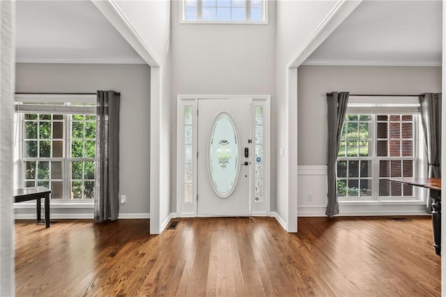 435 Ruby Forest Pkwy, Suwanee, GA 30024 - foyer featuring ornamental molding, healthy amount of natural light, wood finished floors, baseboards, and a high ceiling