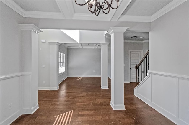 149 Elkins Blvd, Locust Grove, GA 30248 - entrance foyer with decorative columns, crown molding, dark hardwood / wood-style floors, and beam ceiling