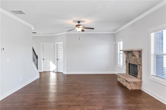 149 Elkins Blvd, Locust Grove, GA 30248 - unfurnished living room featuring dark hardwood / wood-style flooring, crown molding, a fireplace, and ceiling fan