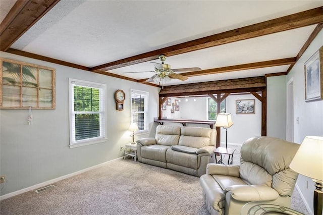 3359 Villa Ln, Douglasville, GA 30135 - living area with beamed ceiling, carpet floors, and ceiling fan