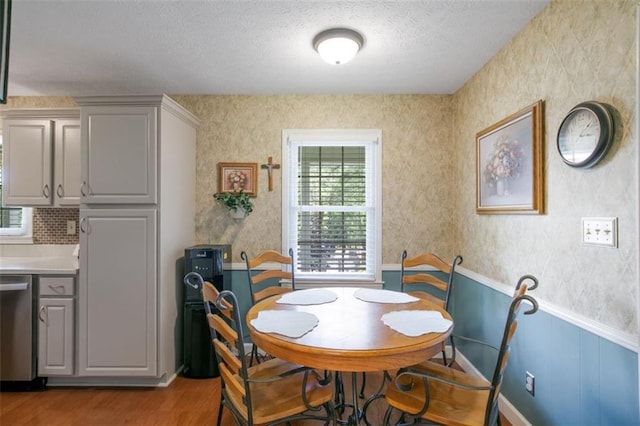 3359 Villa Ln, Douglasville, GA 30135 - dining space featuring healthy amount of natural light, wood finished floors, a textured ceiling, and wainscoting