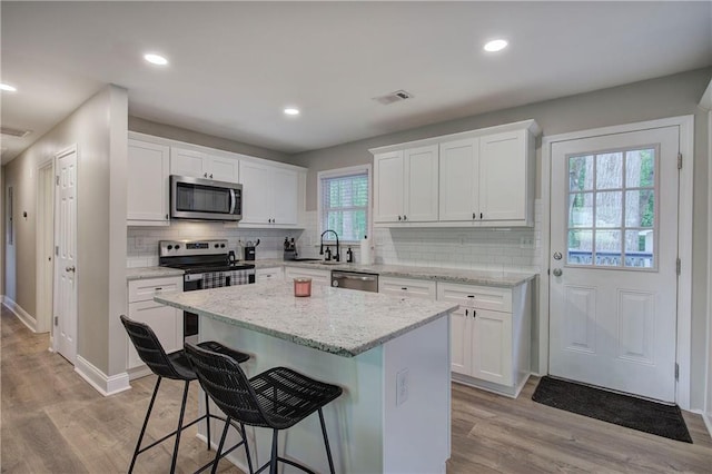 kitchen with decorative backsplash, a kitchen bar, white cabinets, a sink, and appliances with stainless steel finishes
