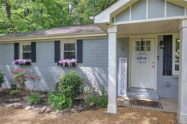 property entrance featuring brick siding and a shingled roof