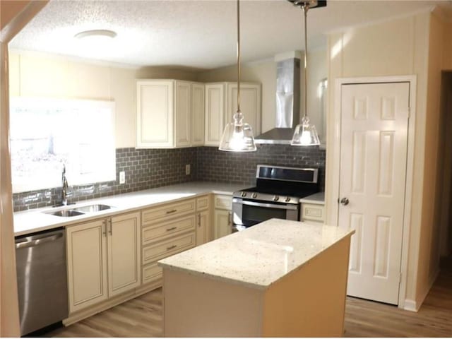 576 Nichols Rd, Pendergrass, GA 30567 - kitchen featuring appliances with stainless steel finishes, a sink, wall chimney range hood, light wood finished floors, and backsplash