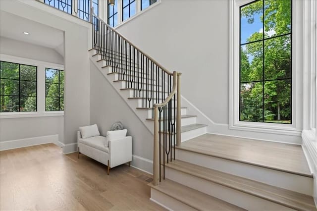 stairs with hardwood / wood-style flooring