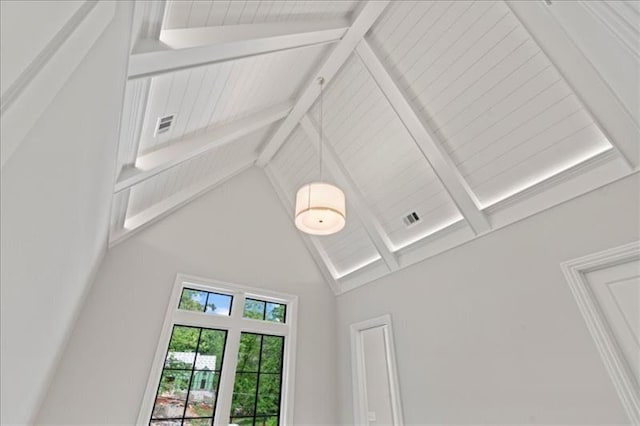 interior details featuring wood ceiling and beam ceiling