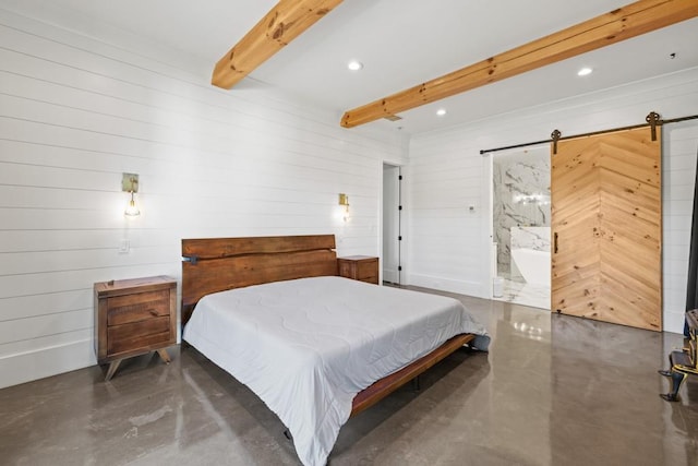 441 Pumpkinvine Rd, Acworth, GA 30101 - bedroom with beamed ceiling, ensuite bath, finished concrete floors, recessed lighting, and a barn door