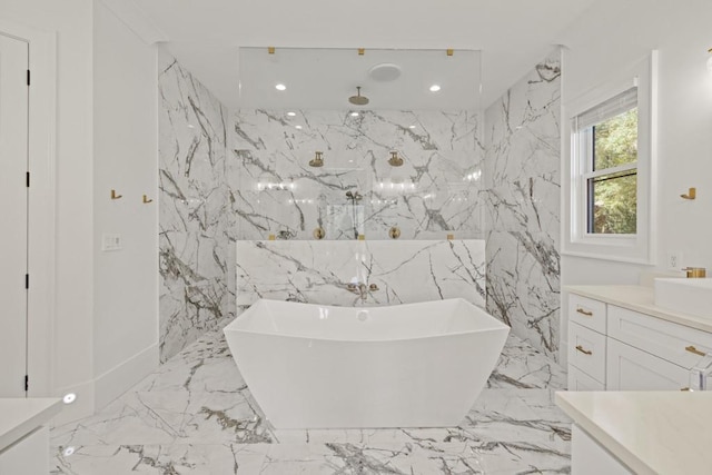 441 Pumpkinvine Rd, Acworth, GA 30101 - full bathroom with a marble finish shower, a freestanding bath, vanity, marble finish floor, and stone wall