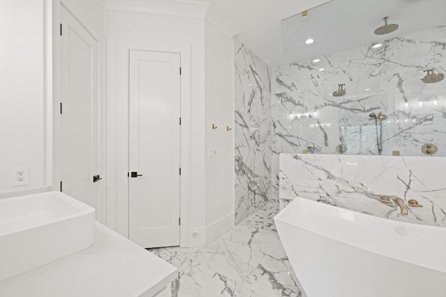 441 Pumpkinvine Rd, Acworth, GA 30101 - bathroom featuring a marble finish shower, recessed lighting, a soaking tub, marble finish floor, and stone wall