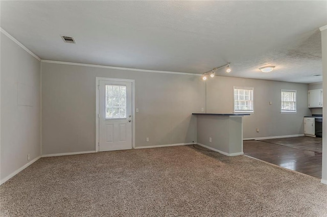 2783 Bicentennial Dr, Stone Mountain, GA 30087 - unfurnished living room with carpet flooring, ornamental molding, and a textured ceiling