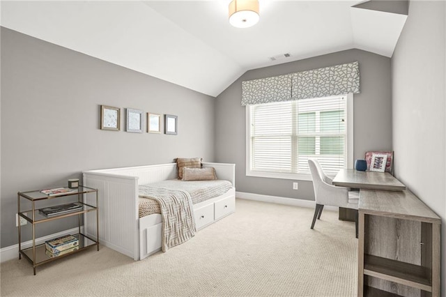 bedroom featuring baseboards, vaulted ceiling, carpet flooring, and visible vents