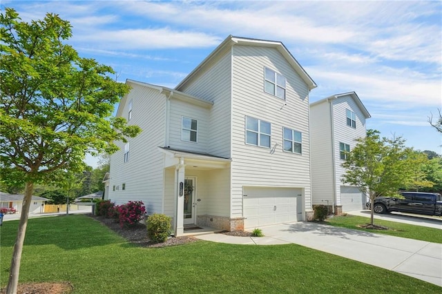 view of front facade featuring an attached garage, driveway, and a front lawn