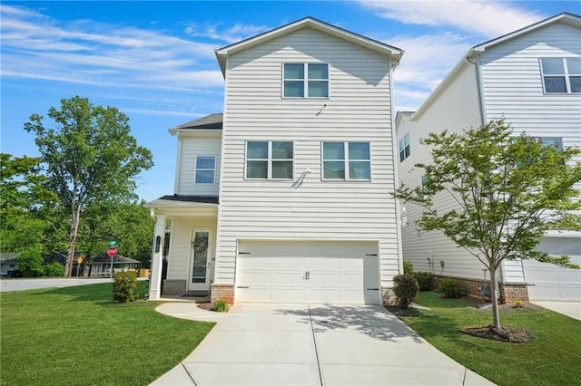 view of front of house with concrete driveway, an attached garage, and a front lawn