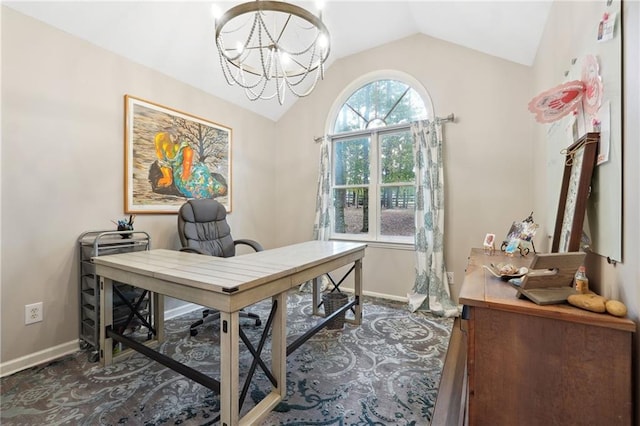 office space with baseboards, vaulted ceiling, and an inviting chandelier