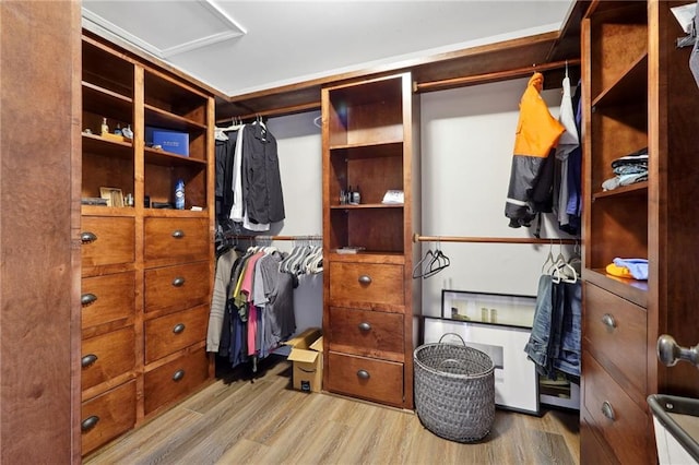 walk in closet featuring attic access and wood finished floors