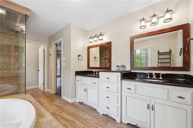 full bathroom featuring double vanity, a sink, a stall shower, and wood finished floors