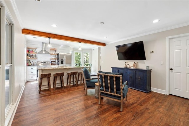dining space featuring recessed lighting, dark wood-style flooring, ornamental molding, baseboards, and beam ceiling