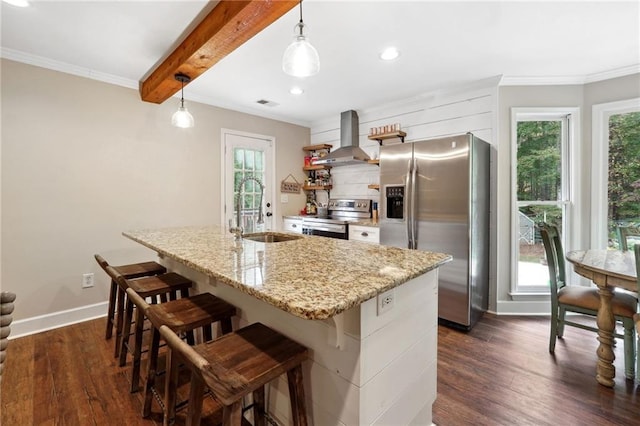 kitchen with wall chimney range hood, dark wood-style floors, a sink, and stainless steel appliances