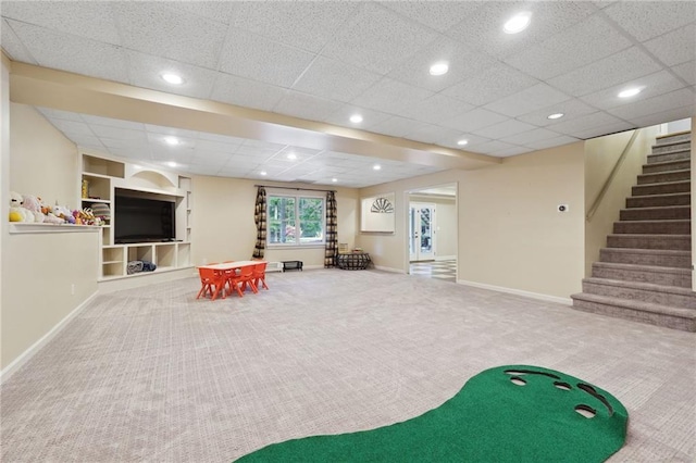 playroom with carpet flooring, baseboards, and recessed lighting