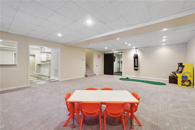 recreation room featuring baseboards, carpet floors, and recessed lighting