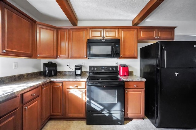 kitchen featuring beamed ceiling, dark stone countertops, a textured ceiling, and black appliances