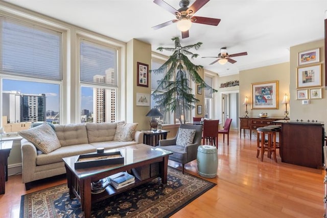 living room featuring a ceiling fan and wood finished floors